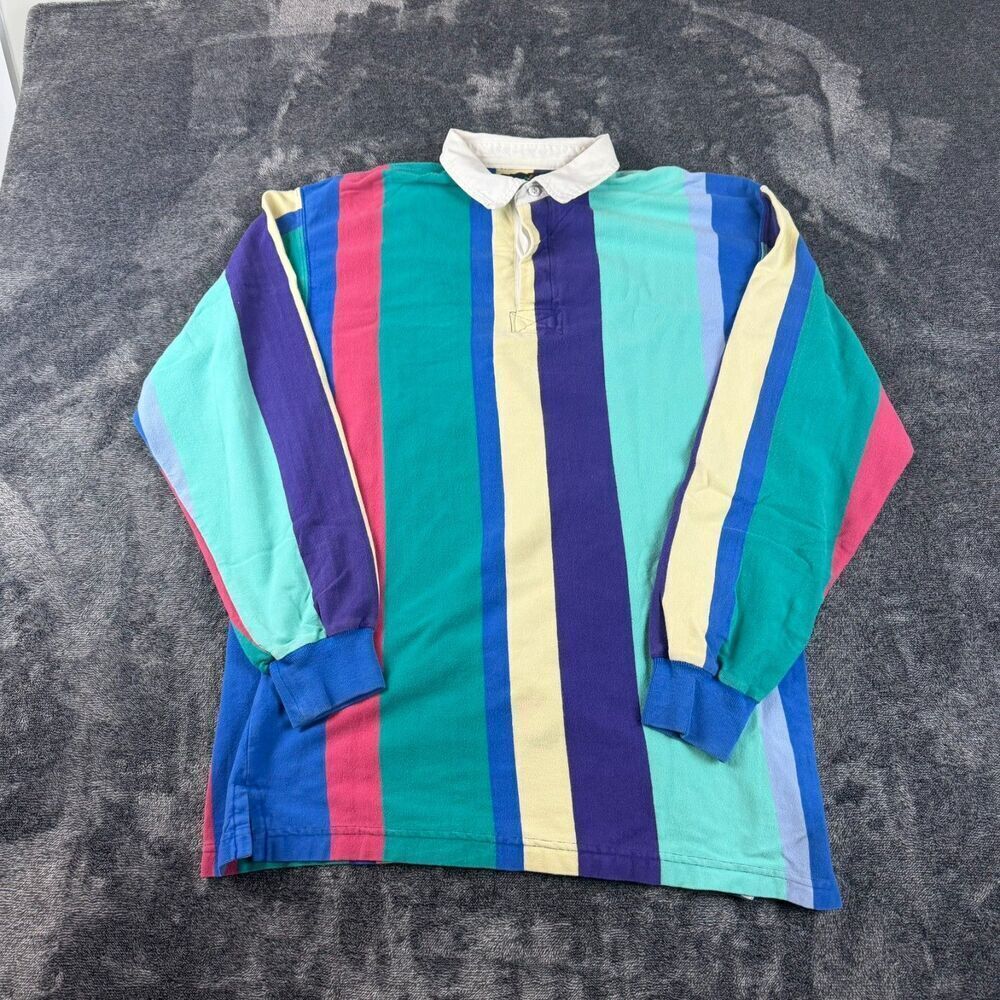 Vtg Lands' End Rugby Polo Multicolor Long Sleeve Cotton Men's L Made In USA